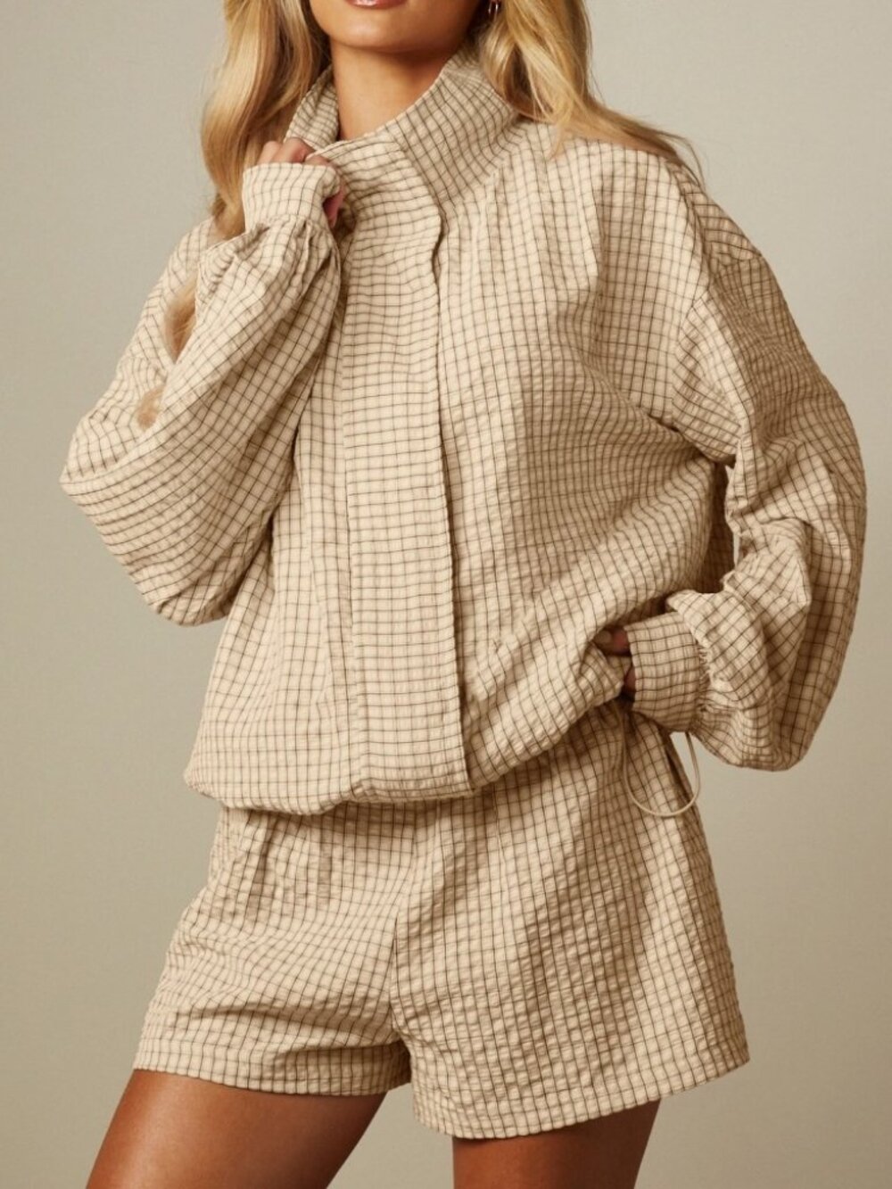 Pale Tan Yellow Grid Check Funnel Neck Oversized Balloon Sleeve Track Jacket